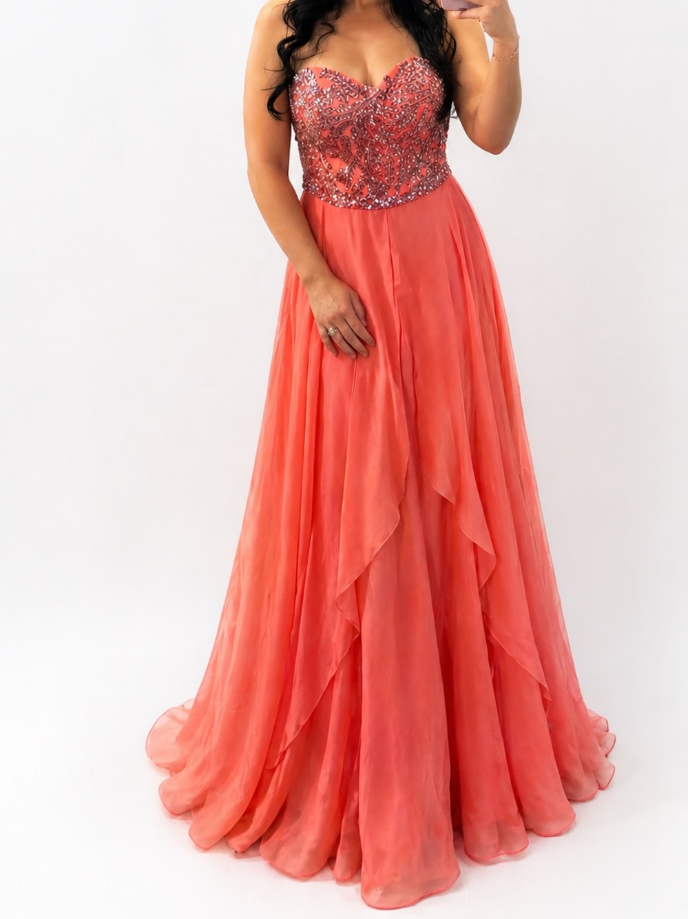 Sherri Hill Peach Rhinestone Sweetheart Bust Ball Gown Maxi Prom Dress Size 14